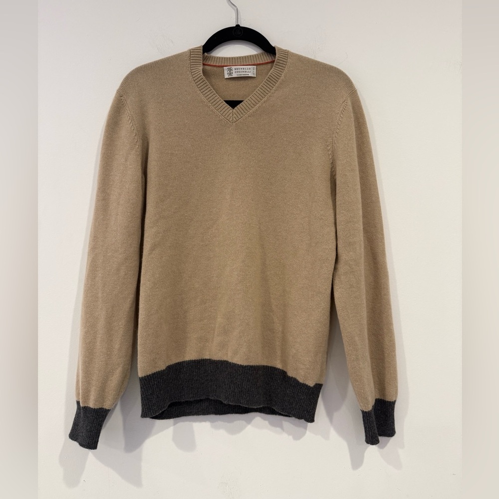 Brunello Cucinelli Cashmere V Neck Bitone Sweater